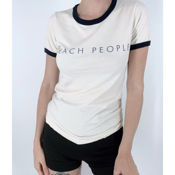 Beach People Contrast Trim Navy and Cream Short Sleeve T-Shirt Size Medium - Picture 1 of 3